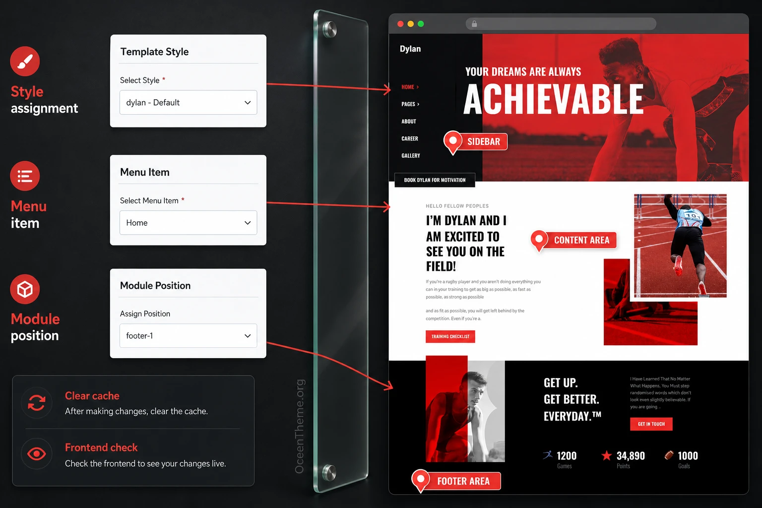 Module positions and menu structure for a JoomShaper Dylan site