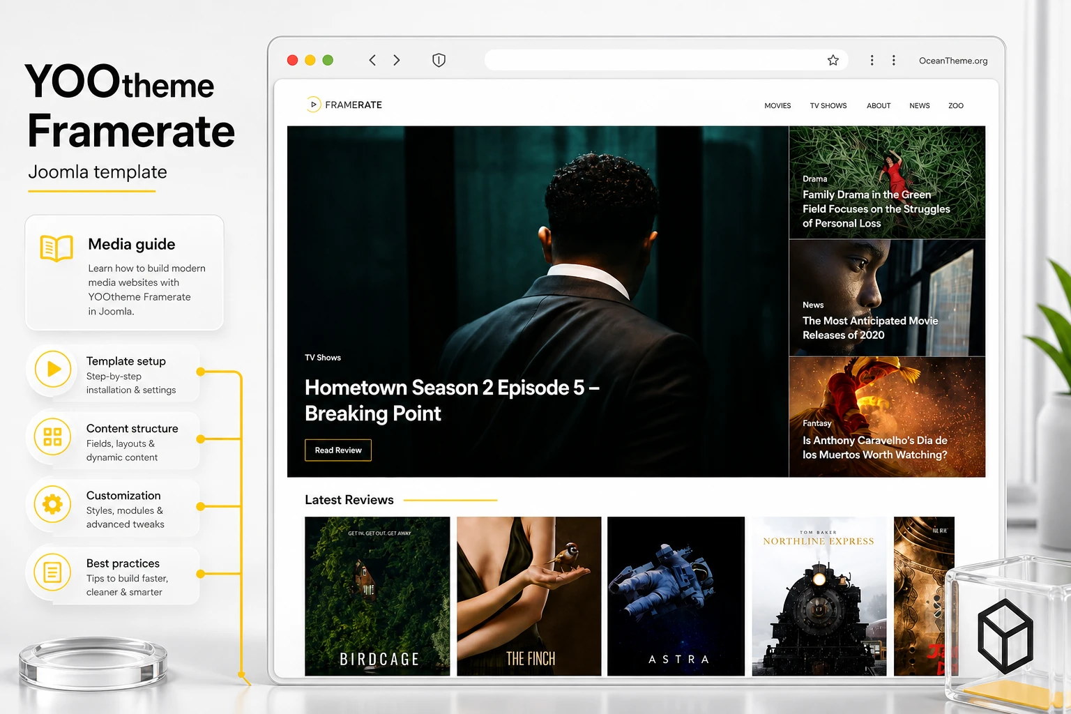 Cover image for the YOOtheme Framerate guide with a Joomla media template interface