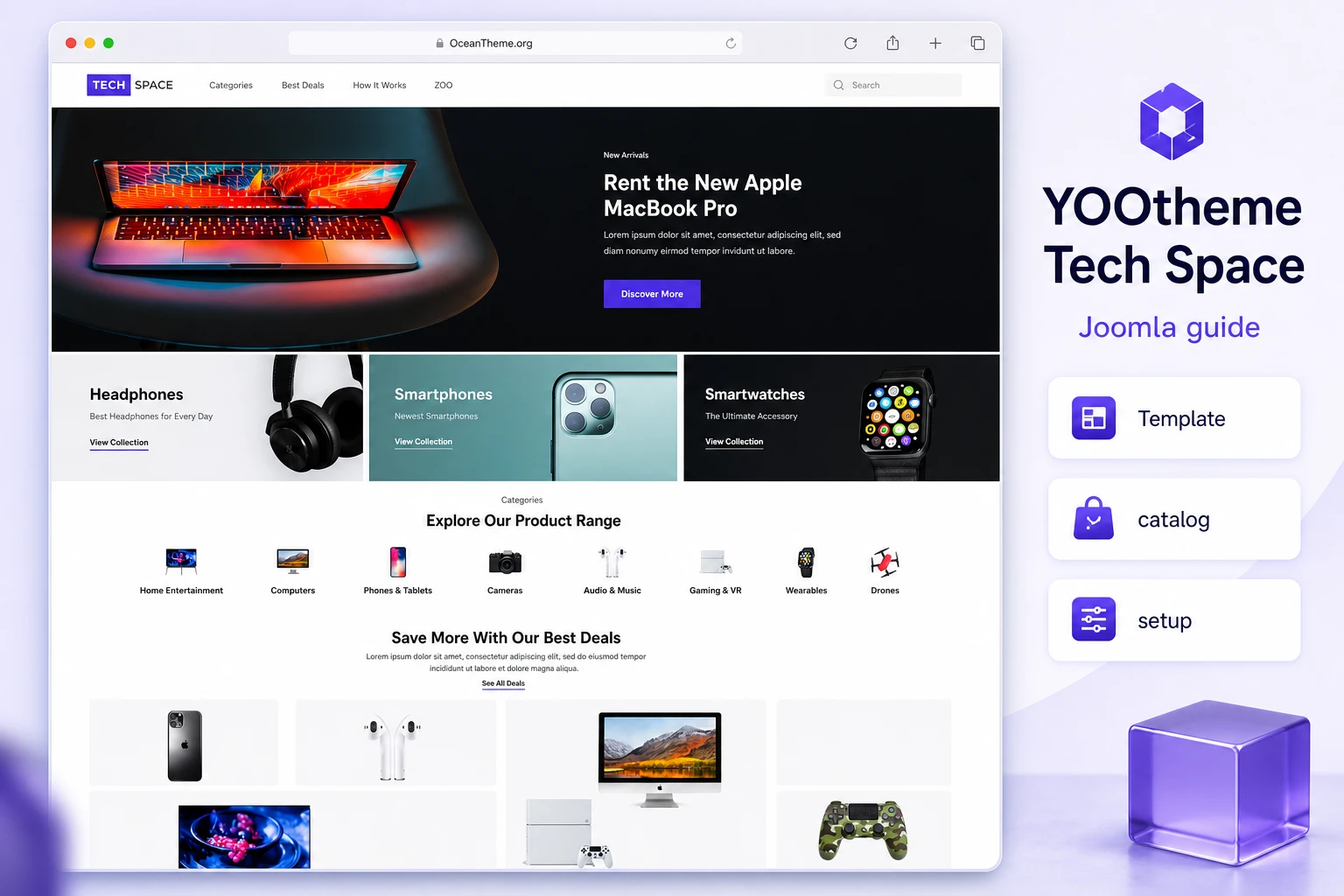 Cover image for the YOOtheme Tech Space guide with a browser view of the demo site