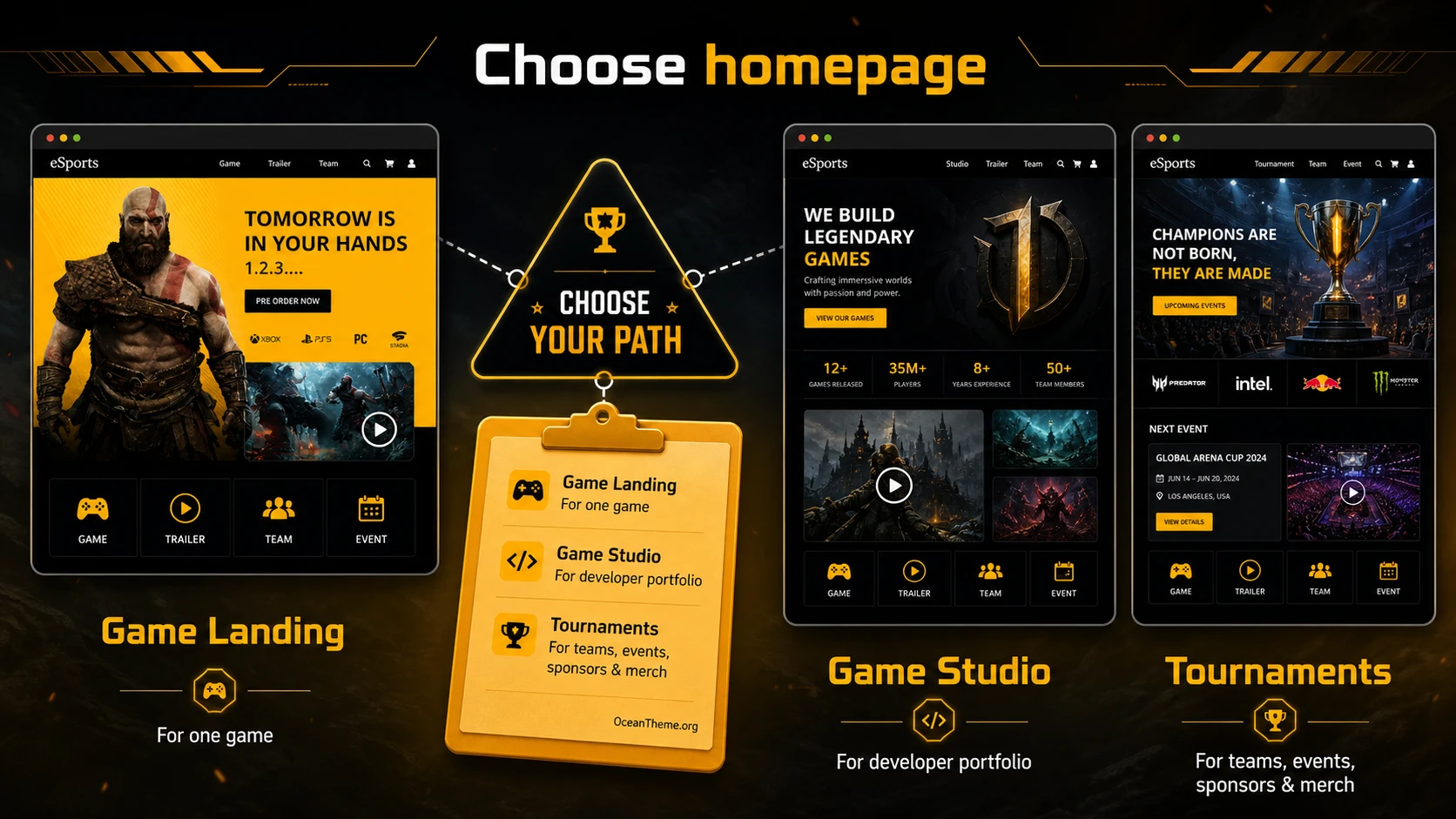 Comparison of the Game Landing, Game Studio, and Tournaments homepages in JoomShaper eSports