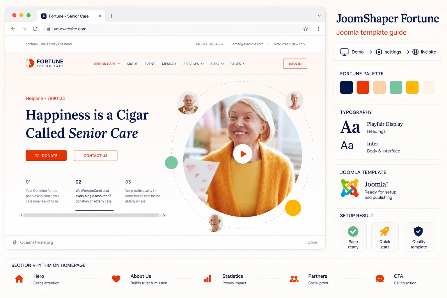 Cover image for the JoomShaper Fortune guide with the demo header and template color palette
