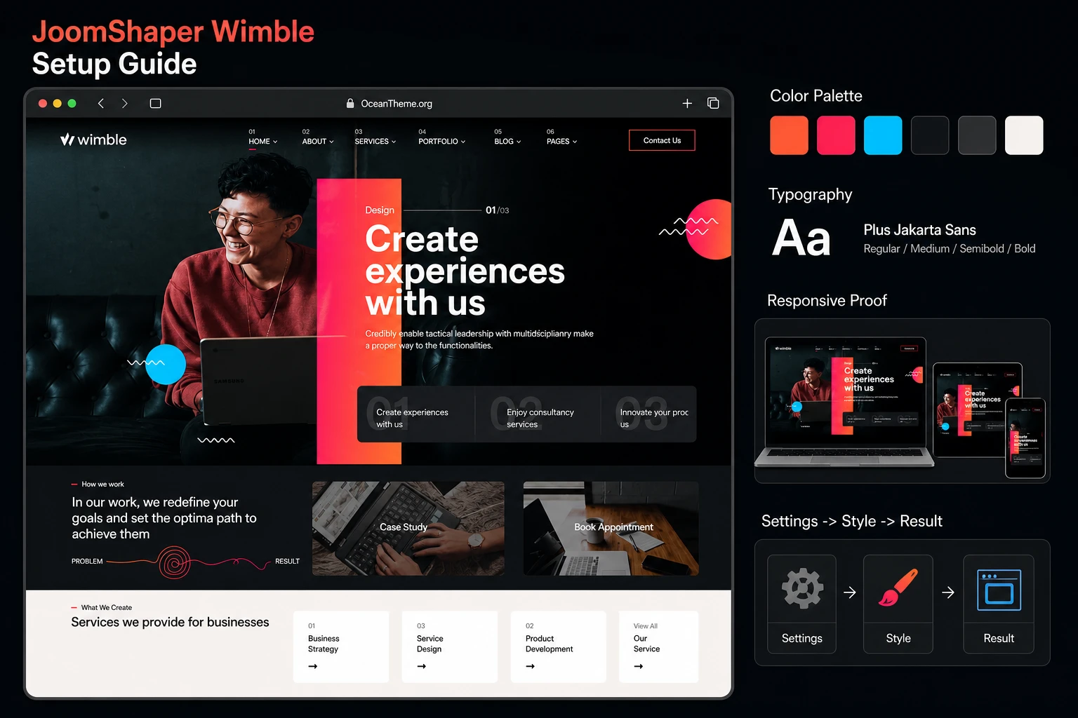 Cover image for the JoomShaper Wimble guide with a reference to the template homepage