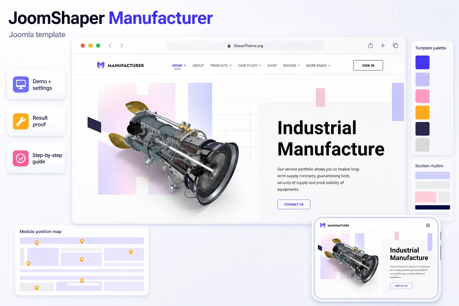 JoomShaper Manufacturer as a Joomla template for an industrial website with a demo-style cover image