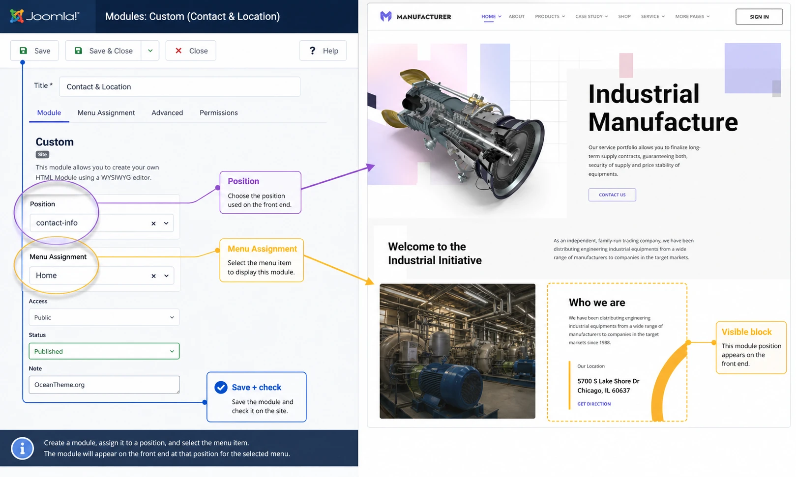 Module positions and menu assignment in Joomla for Manufacturer