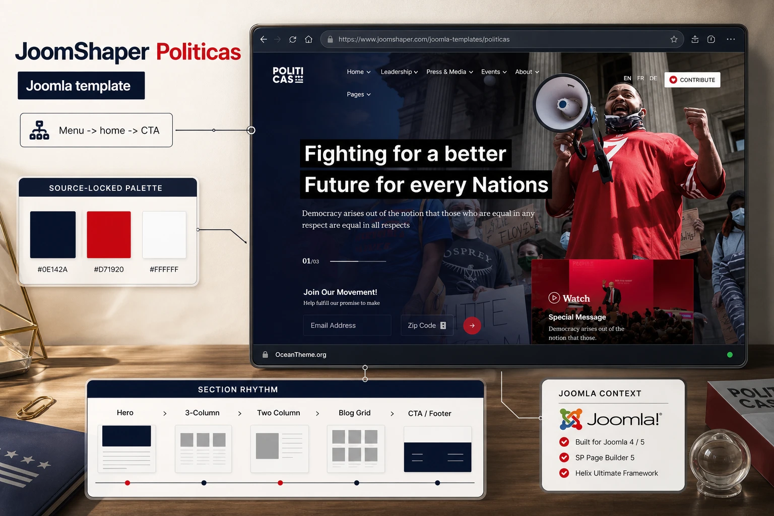 Cover image for the JoomShaper Politicas guide with a reference to the template homepage