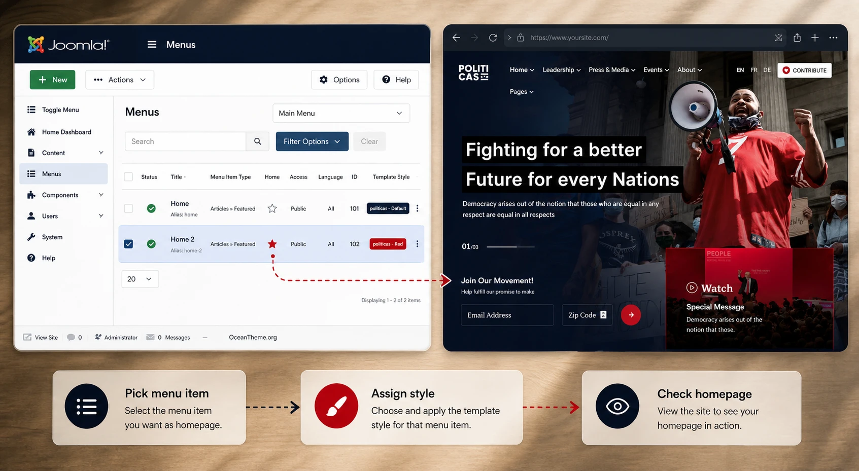 Menu and homepage map for configuring Politicas in Joomla