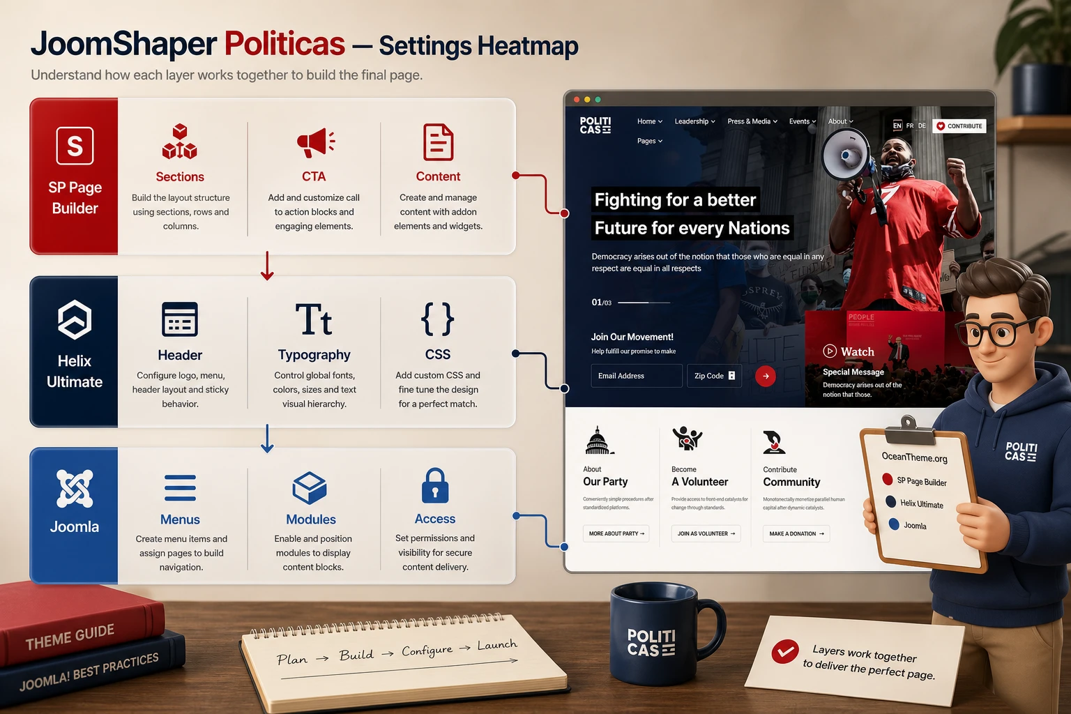 Configuring the SP Page Builder, Helix Ultimate, and Joomla module stack for Politicas