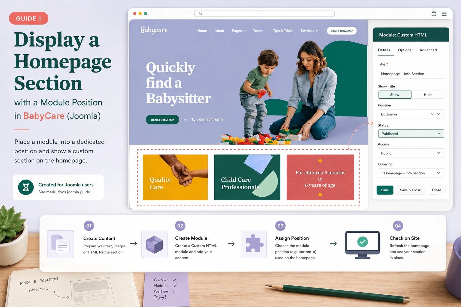 Cover image for the JoomShaper BabyCare guide with a reference to the template homepage