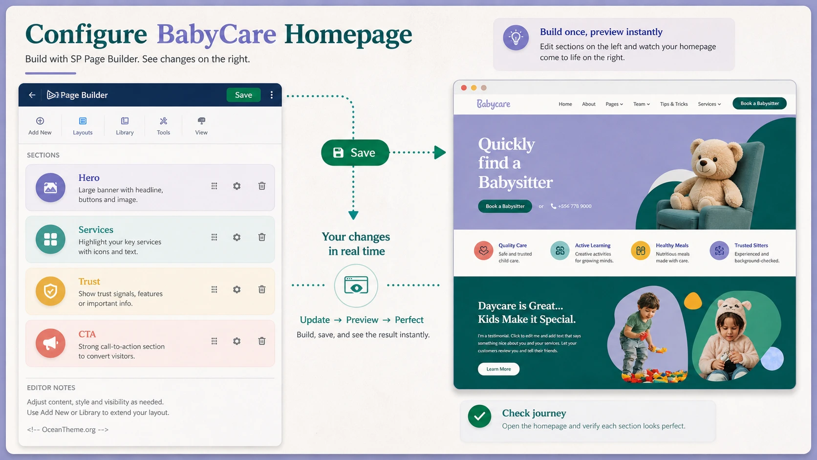 Homepage setup map for JoomShaper BabyCare from hero to CTA