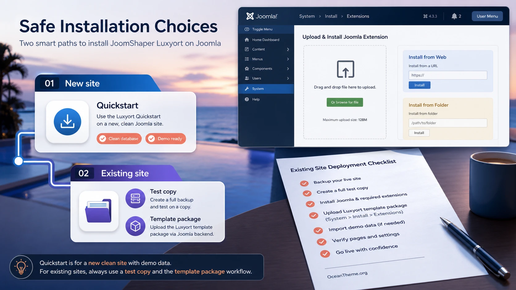 JoomShaper Luxyort installation flow via Quickstart and the standard template package