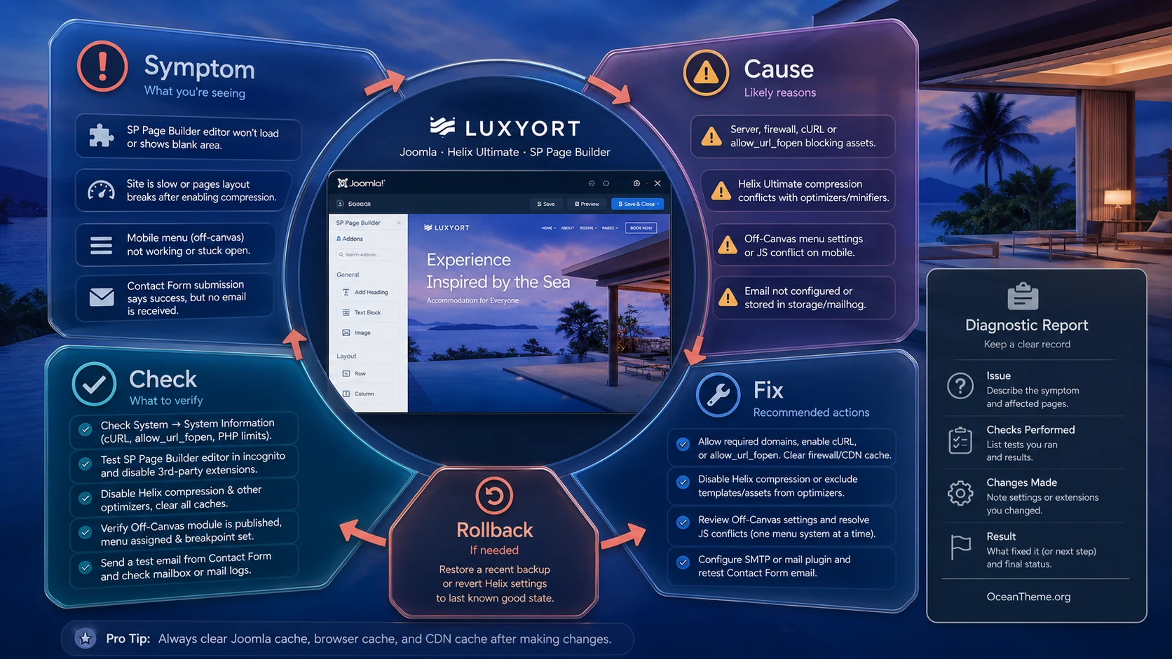 Troubleshooting Luxyort issues involving menus, modules, cache, and SP Page Builder