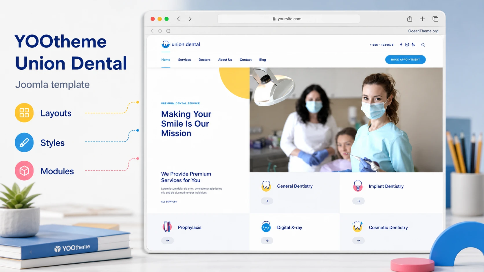 Cover image for the YOOtheme Union Dental guide with a reference to the template homepage