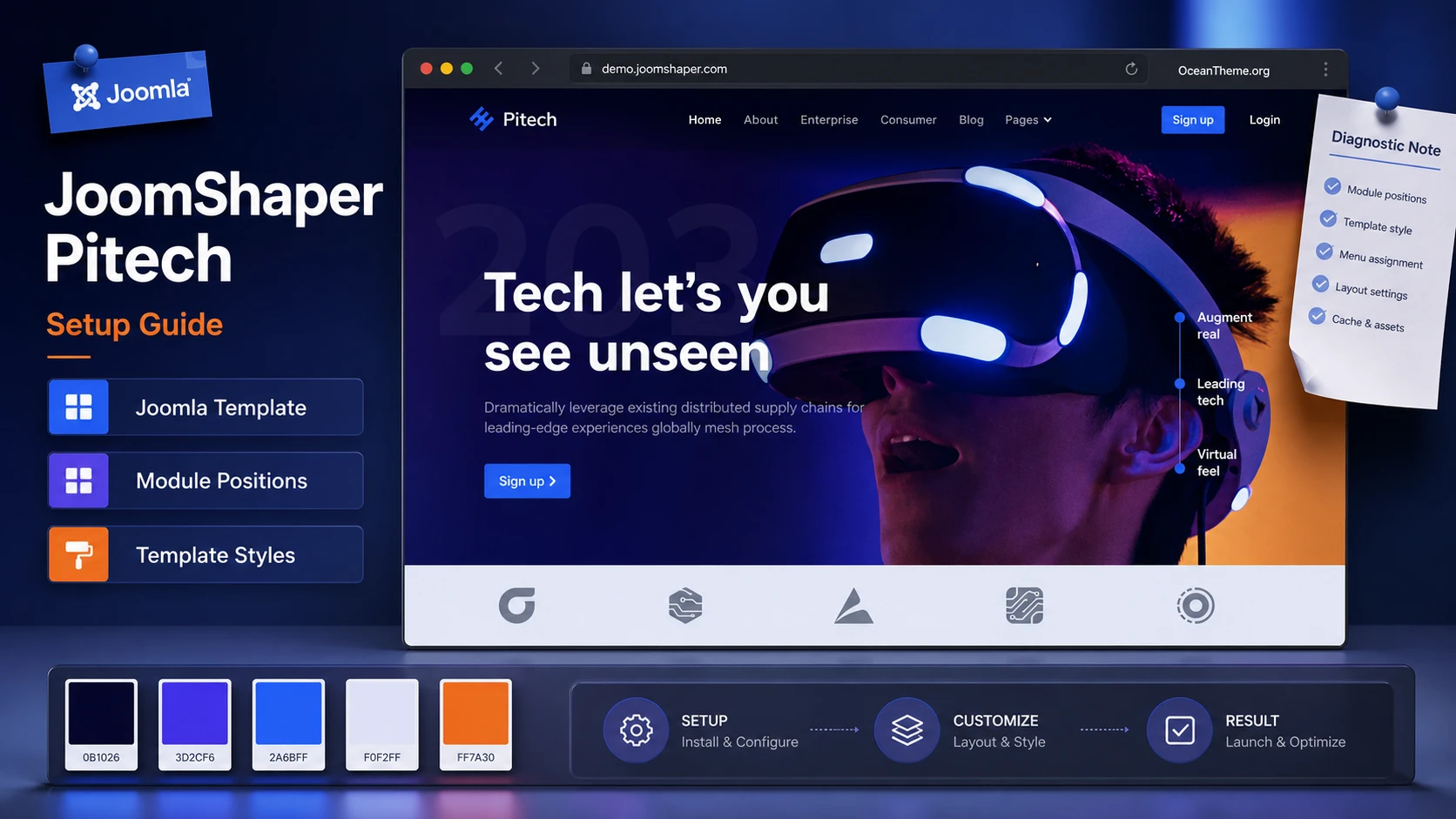 Cover image for the JoomShaper Pitech guide with a demo template reference