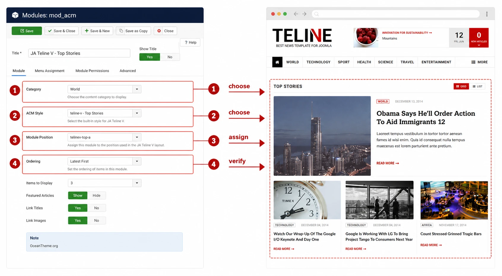 JA ACM map for JoomlArt Teline V: category, block style, module position, and homepage result