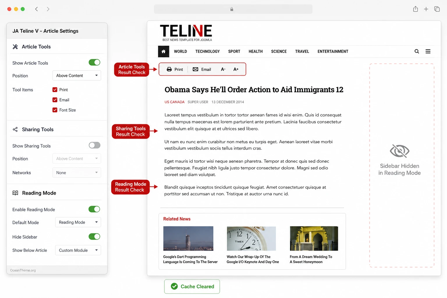 Validation of reading mode and JA Teline V article page configuration in Joomla