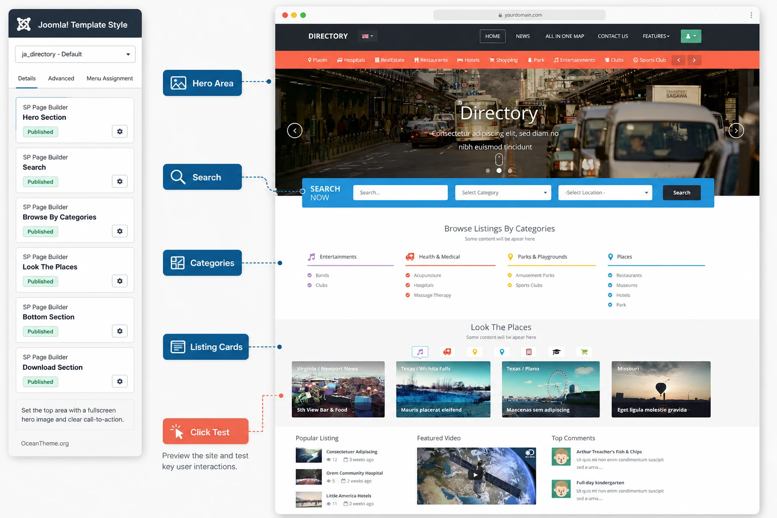 Example of a JoomlArt Directory homepage setup with search categories and listing cards
