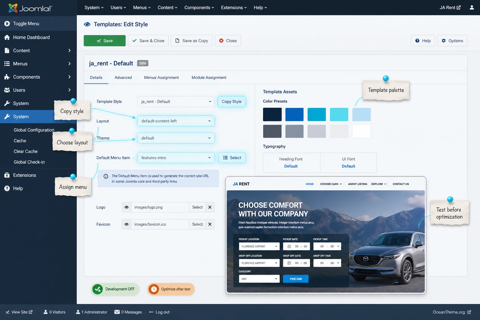 T3 settings diagram for JoomlArt Rent: style, layout, theme, and result verification