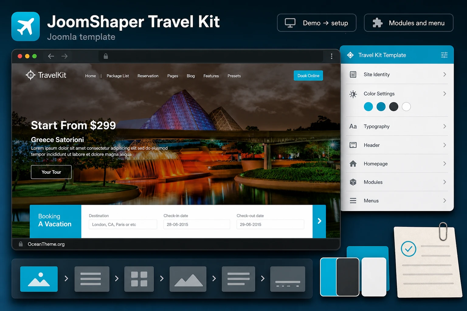 Cover image for the JoomShaper Travel Kit guide with the template's main screen