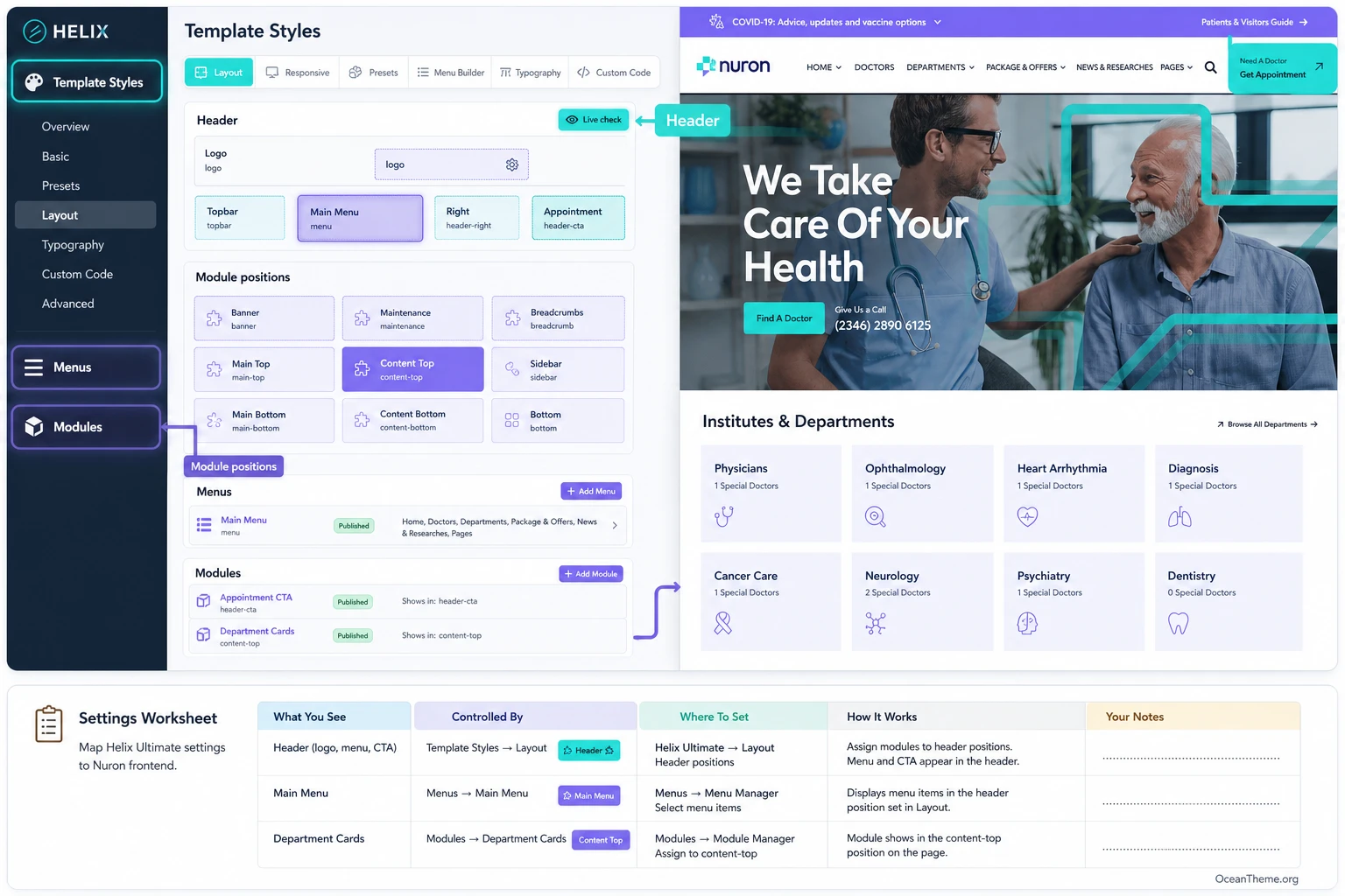 Configuring the header, menu, modules, and color palette in the Nuron Joomla template