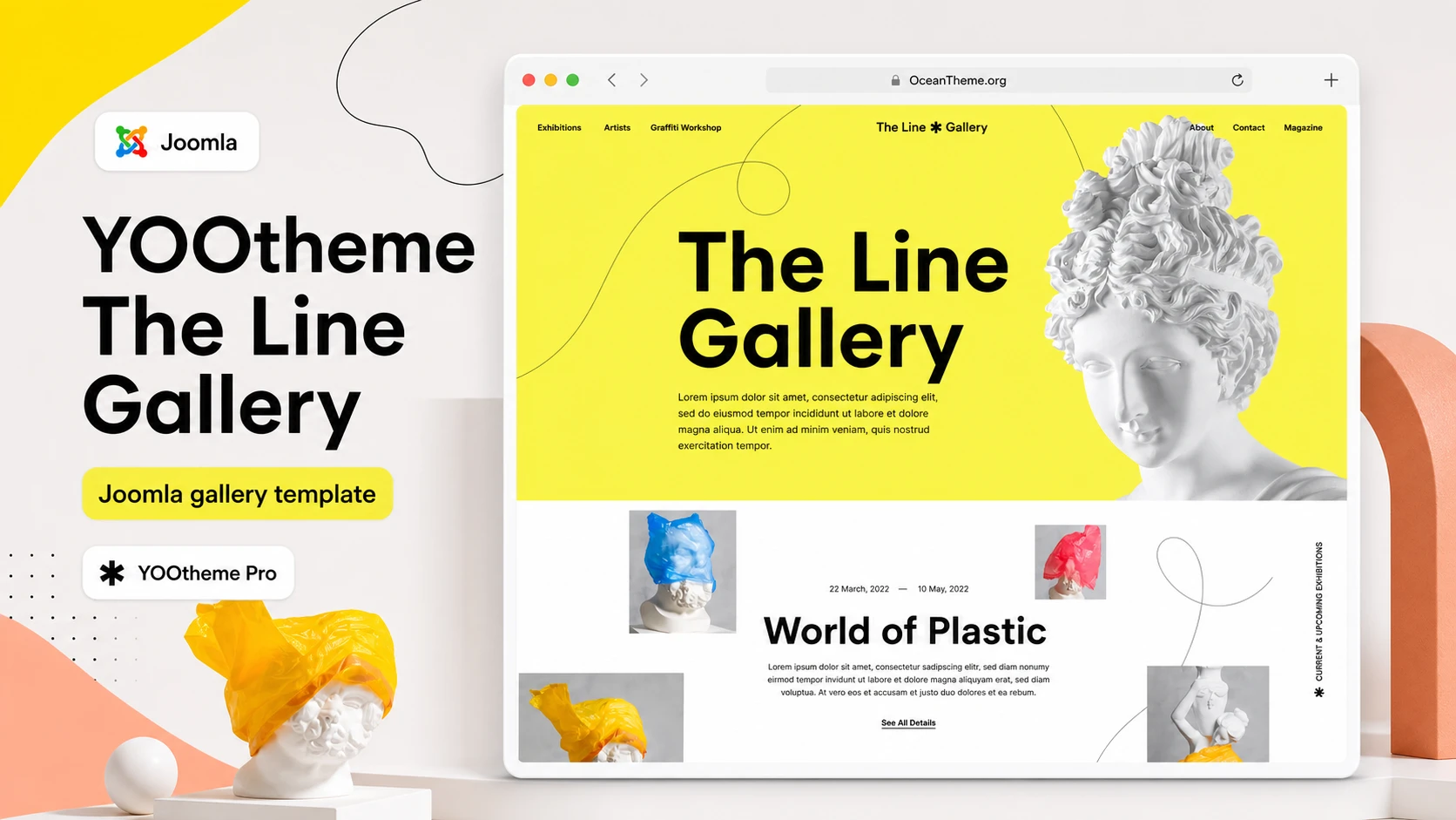 Cover image for the YOOtheme The Line Gallery guide with a reference to the Joomla template homepage