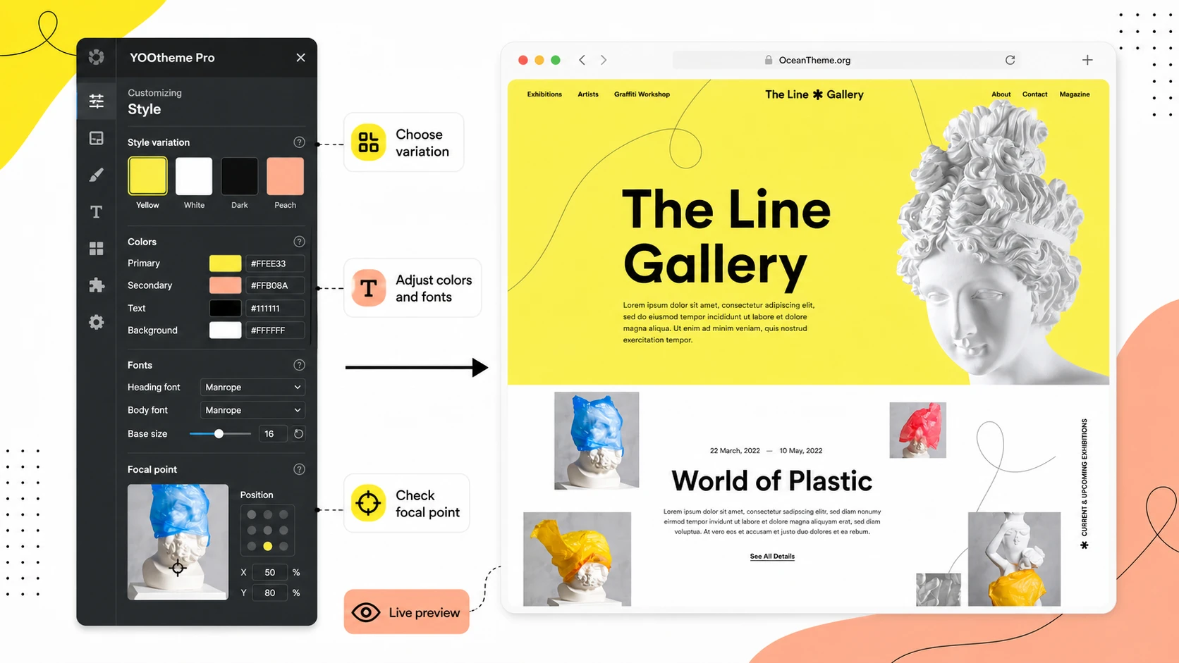 The relationship between style settings and the final site result in YOOtheme The Line Gallery