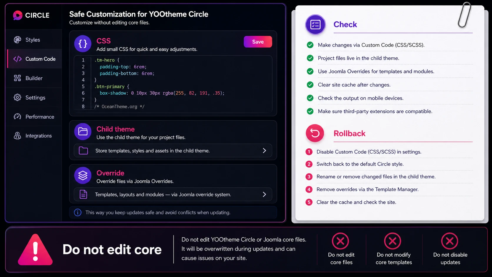 Safe CSS and child theme workflow for YOOtheme Circle