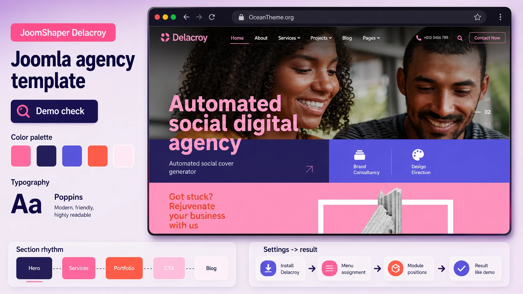 Guide cover for JoomShaper Delacroy with a reference to the template homepage
