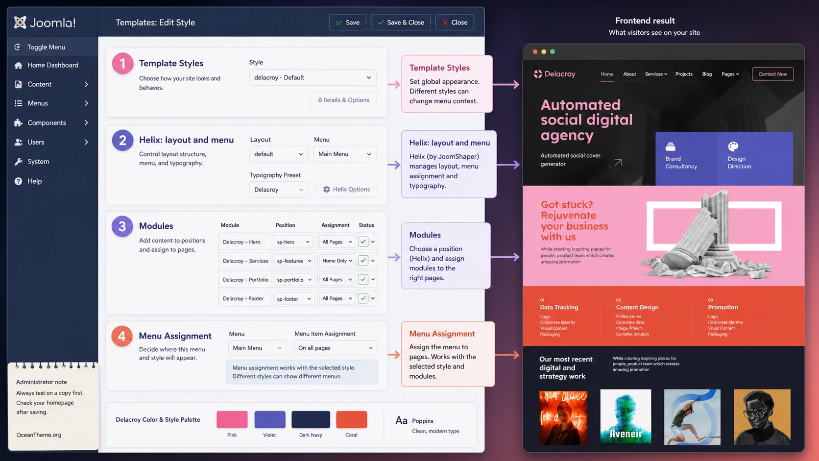 Map of Template Styles settings and module positions for JoomShaper Delacroy