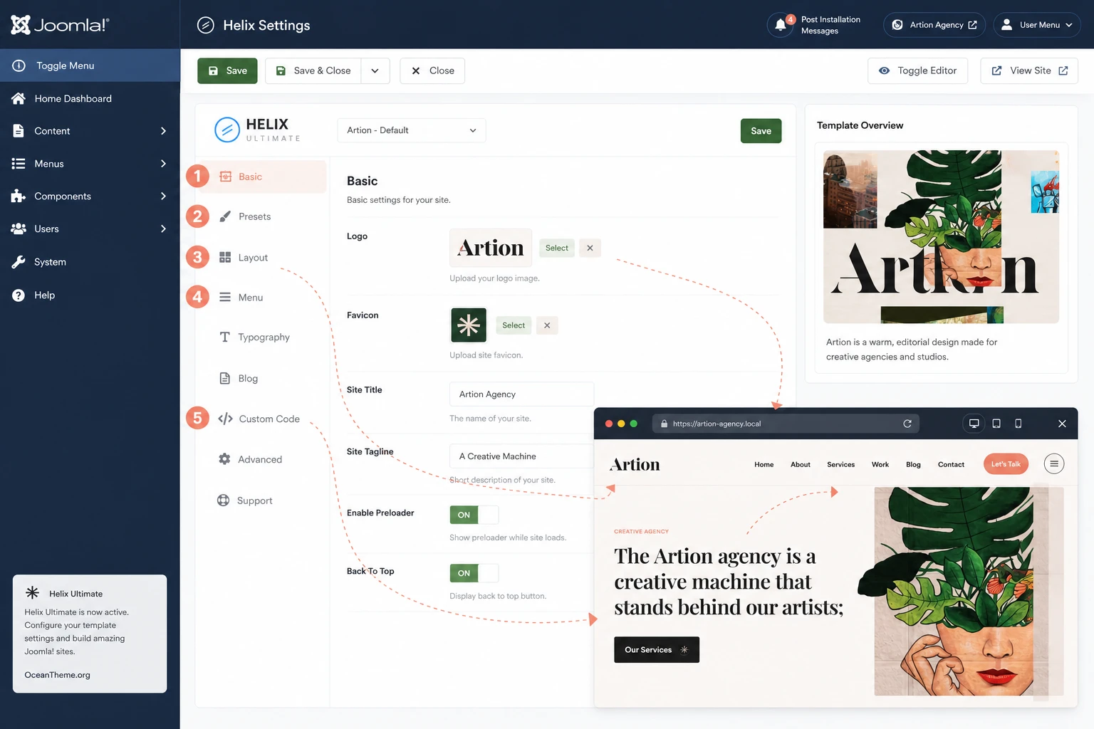 Helix Ultimate settings map for JoomShaper Artion