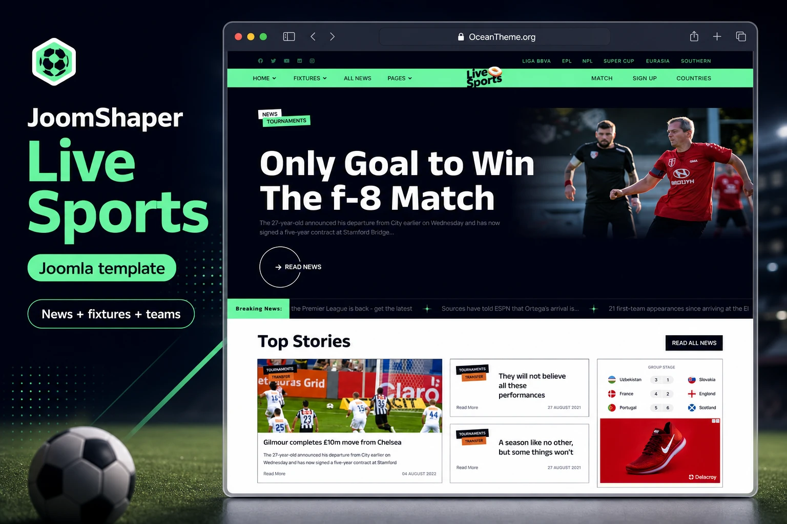 JoomShaper Live Sports shown as a cover image for a Joomla sports template homepage