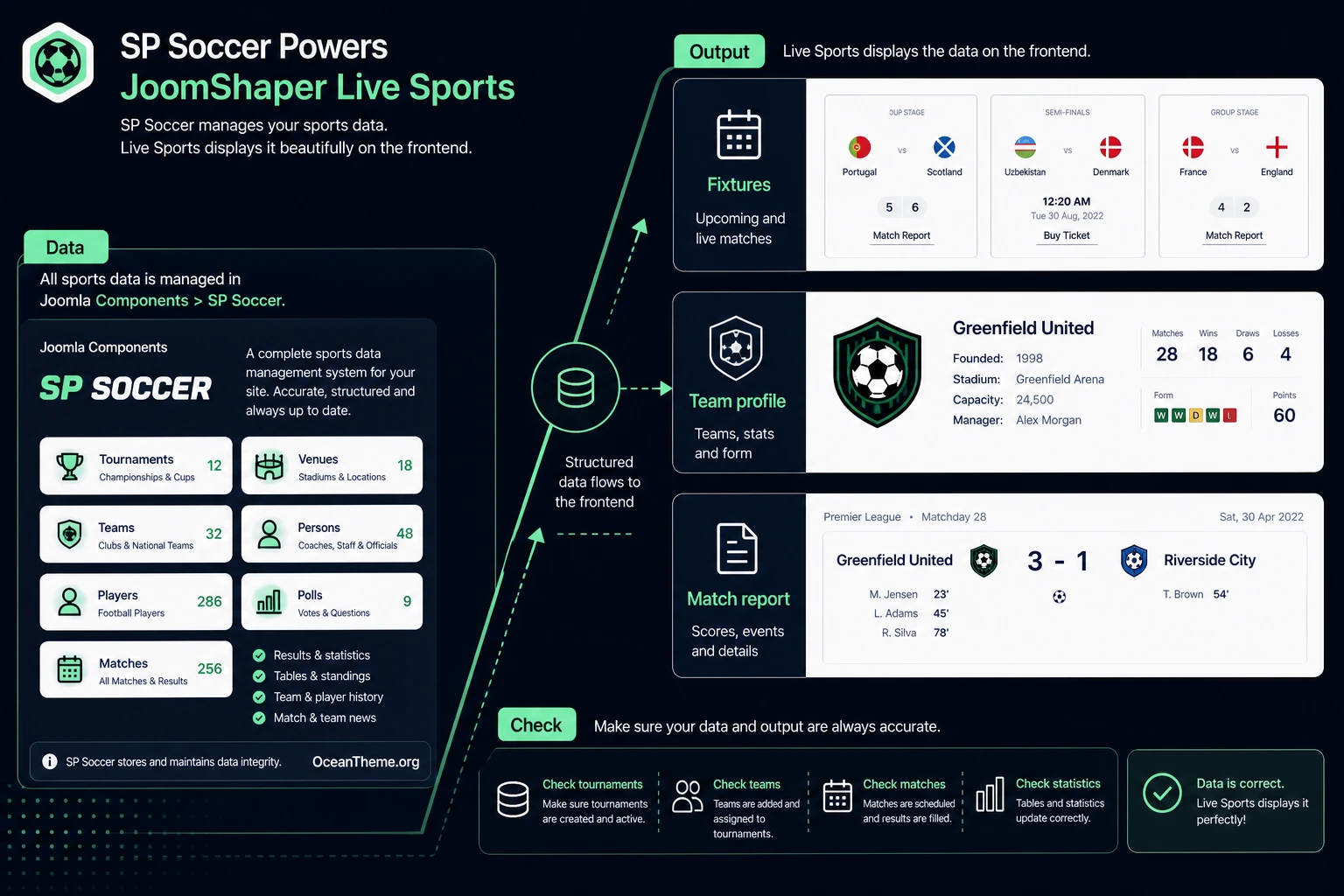 Diagram showing how SP Soccer connects to matches, teams, and Live Sports content blocks