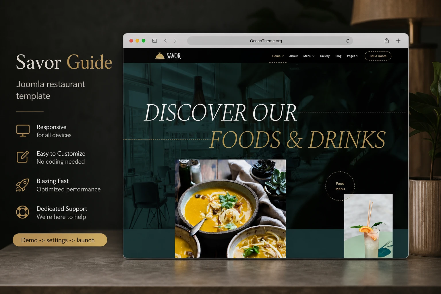 Cover image for the JoomShaper Savor guide with a restaurant demo and Joomla settings