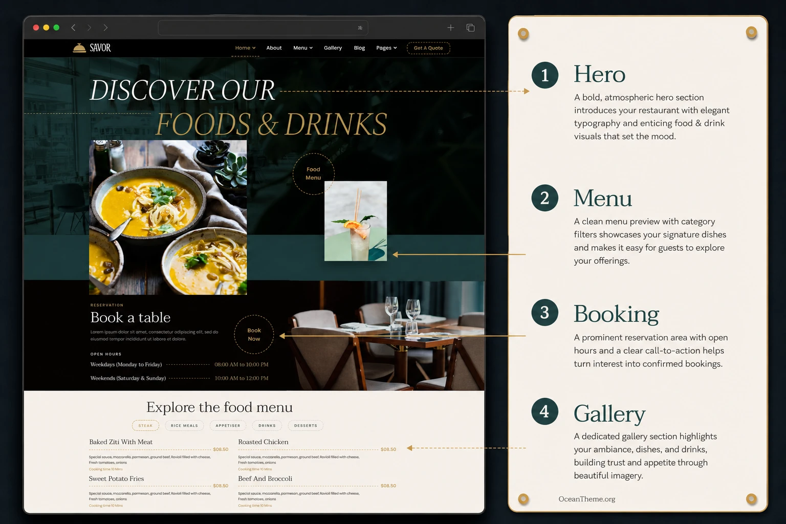 Breakdown of the Savor homepage with the hero section, menu, and reservation block