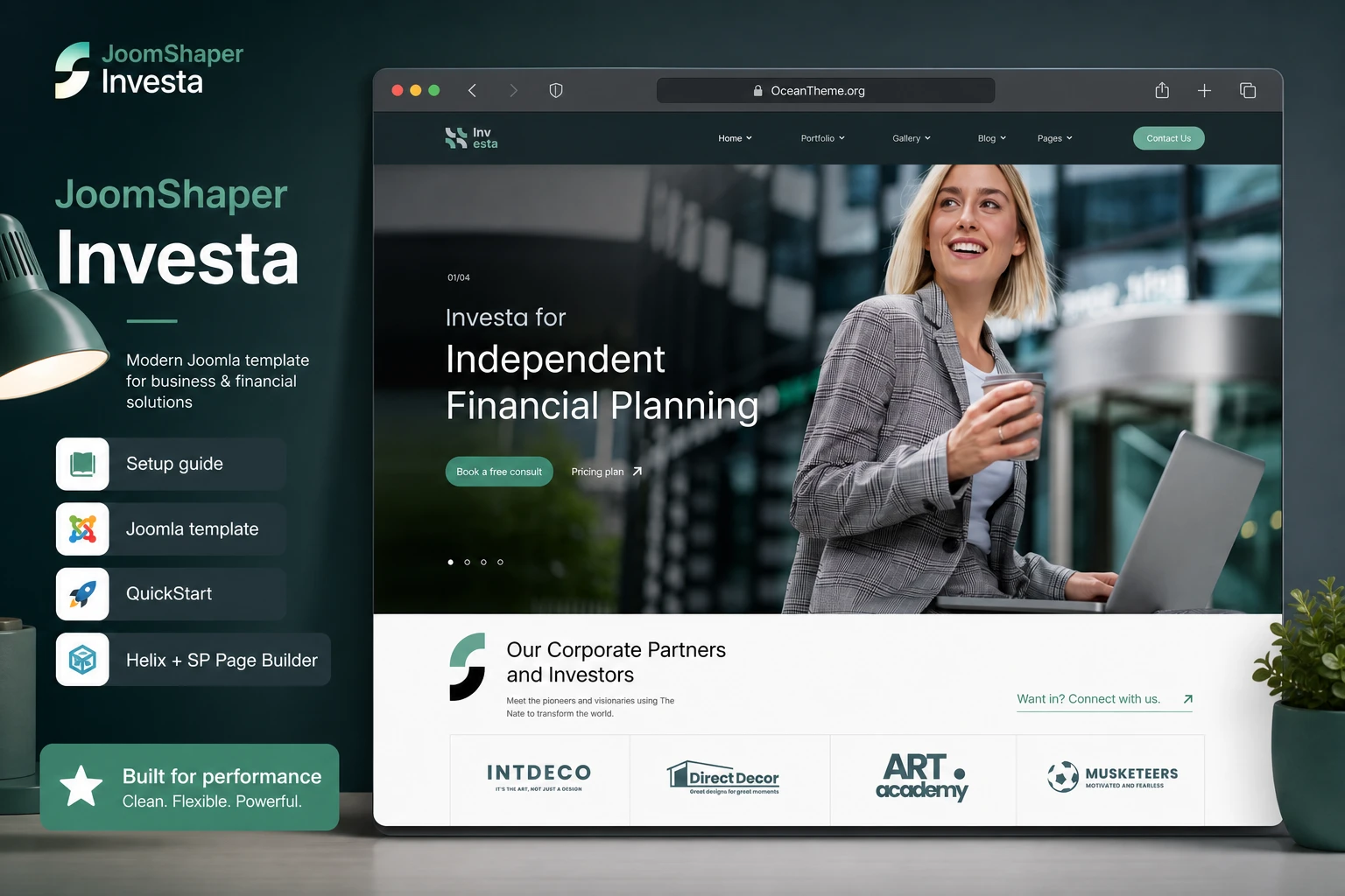 Cover image for the JoomShaper Investa guide featuring the template hero section