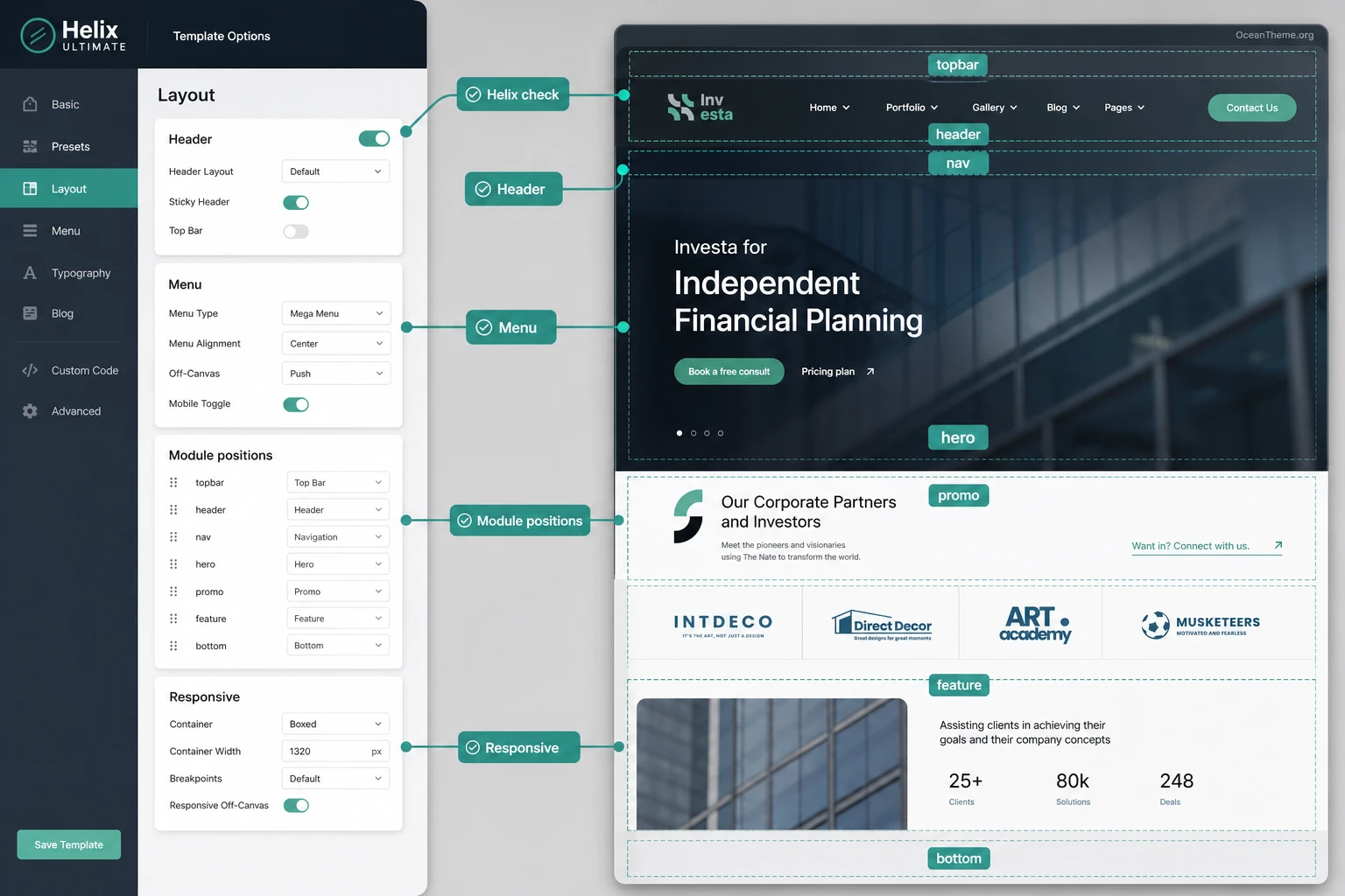 Helix Ultimate setup for the JoomShaper Investa template: header, menu, and module positions