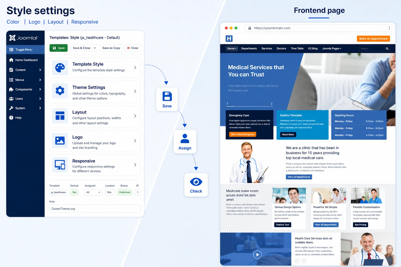 Template Styles settings map for JoomlArt Healthcare in Joomla