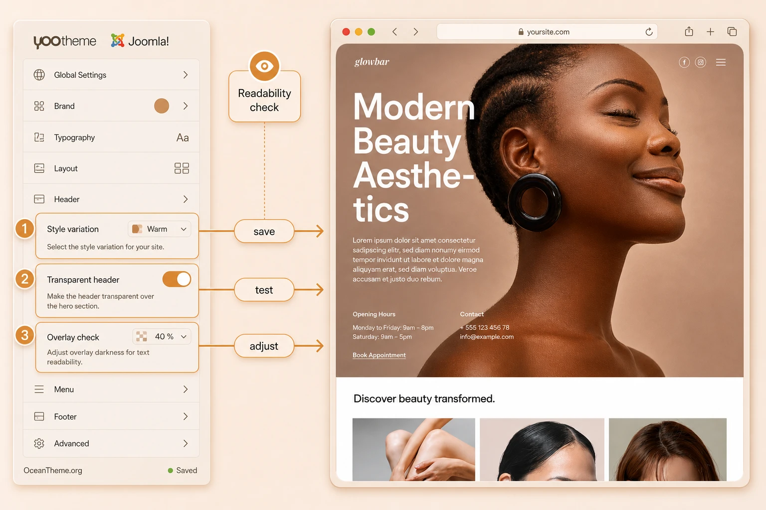 Configuring the style and transparent header in YOOtheme Glowbar