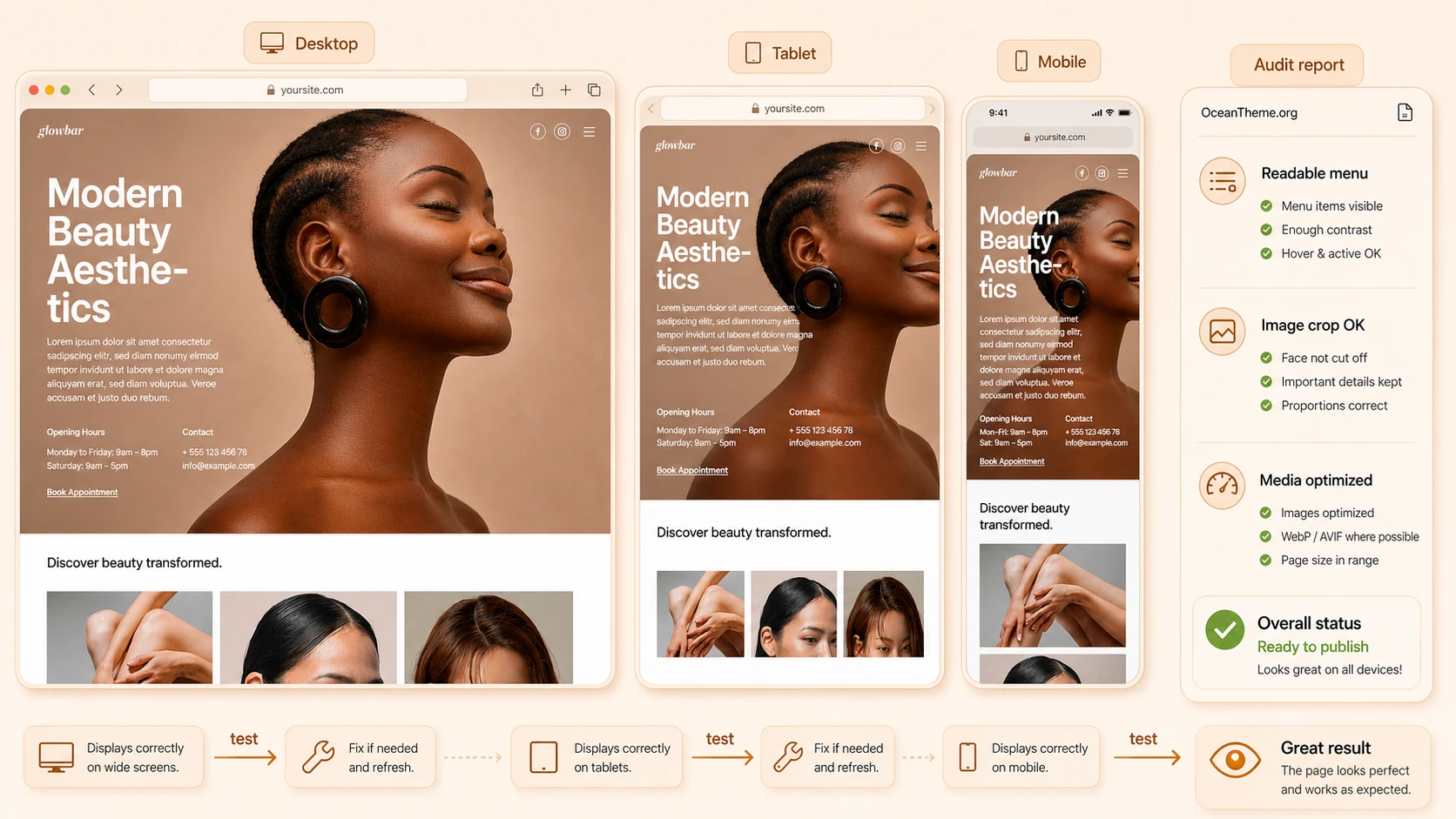 Checking responsiveness and the final website result in YOOtheme Glowbar