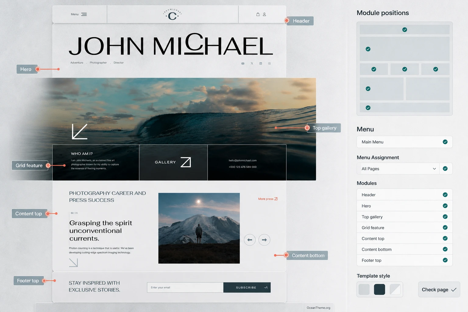 Overlay of menu and module zones on the JoomShaper Kreativa template structure