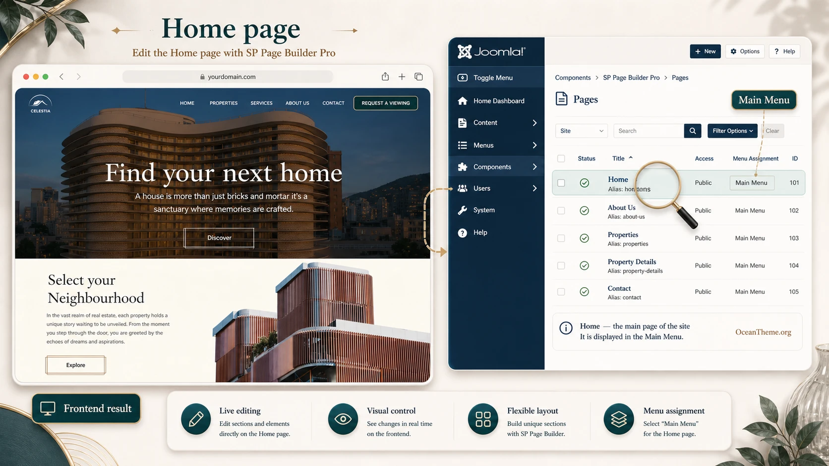 Configuring the JoomShaper Celestia homepage through SP Page Builder Pro and the Joomla menu