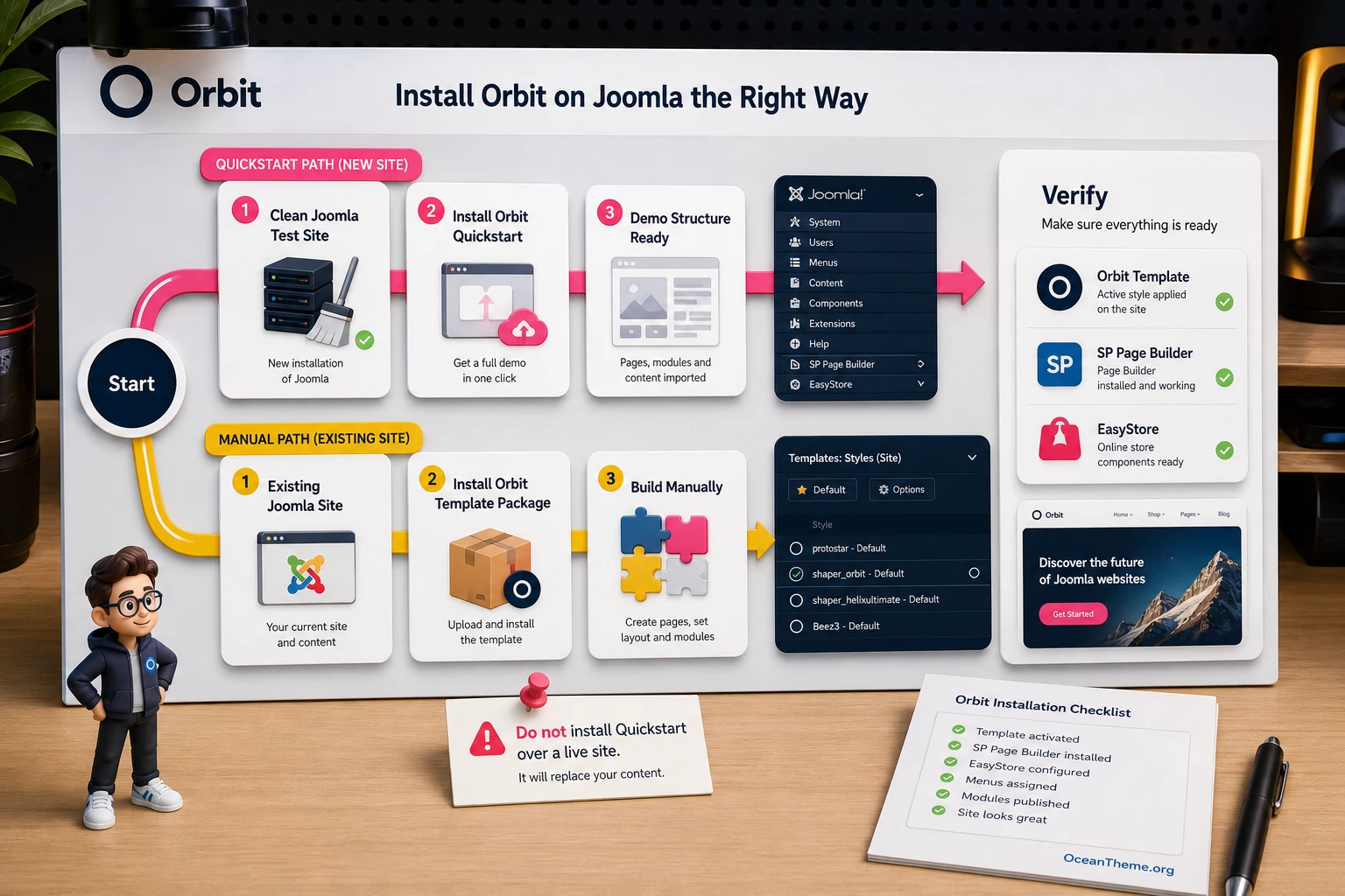 Diagram showing how to choose between Quickstart and the standard JoomShaper Orbit package