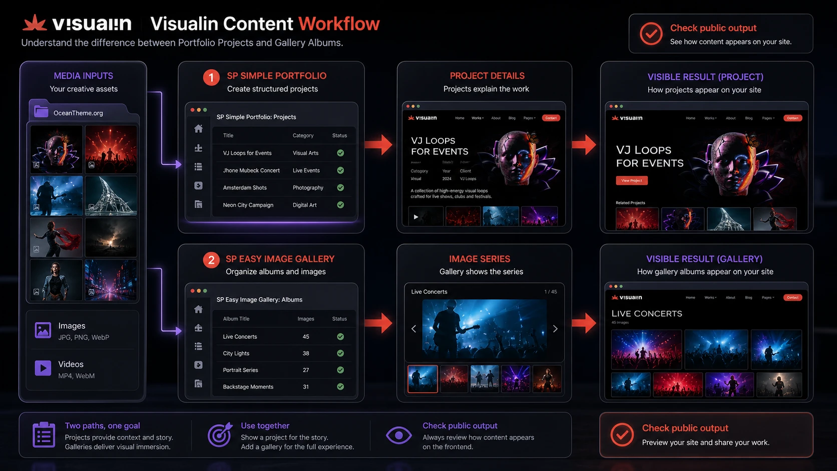 How the portfolio, gallery, and public-facing pages connect in Visualin