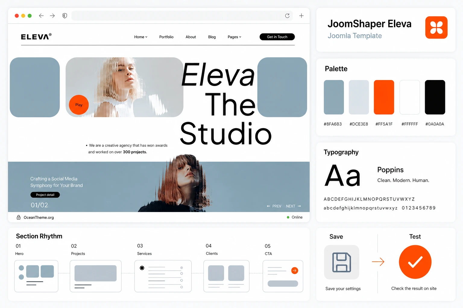 JoomShaper Eleva as a guide cover with a homepage reference and Joomla context