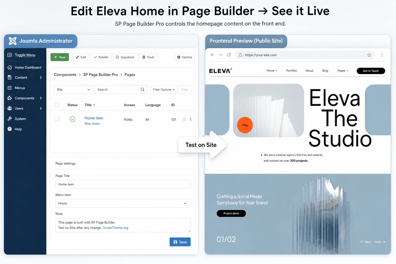 Configuring the Eleva homepage through SP Page Builder and checking the result on the site