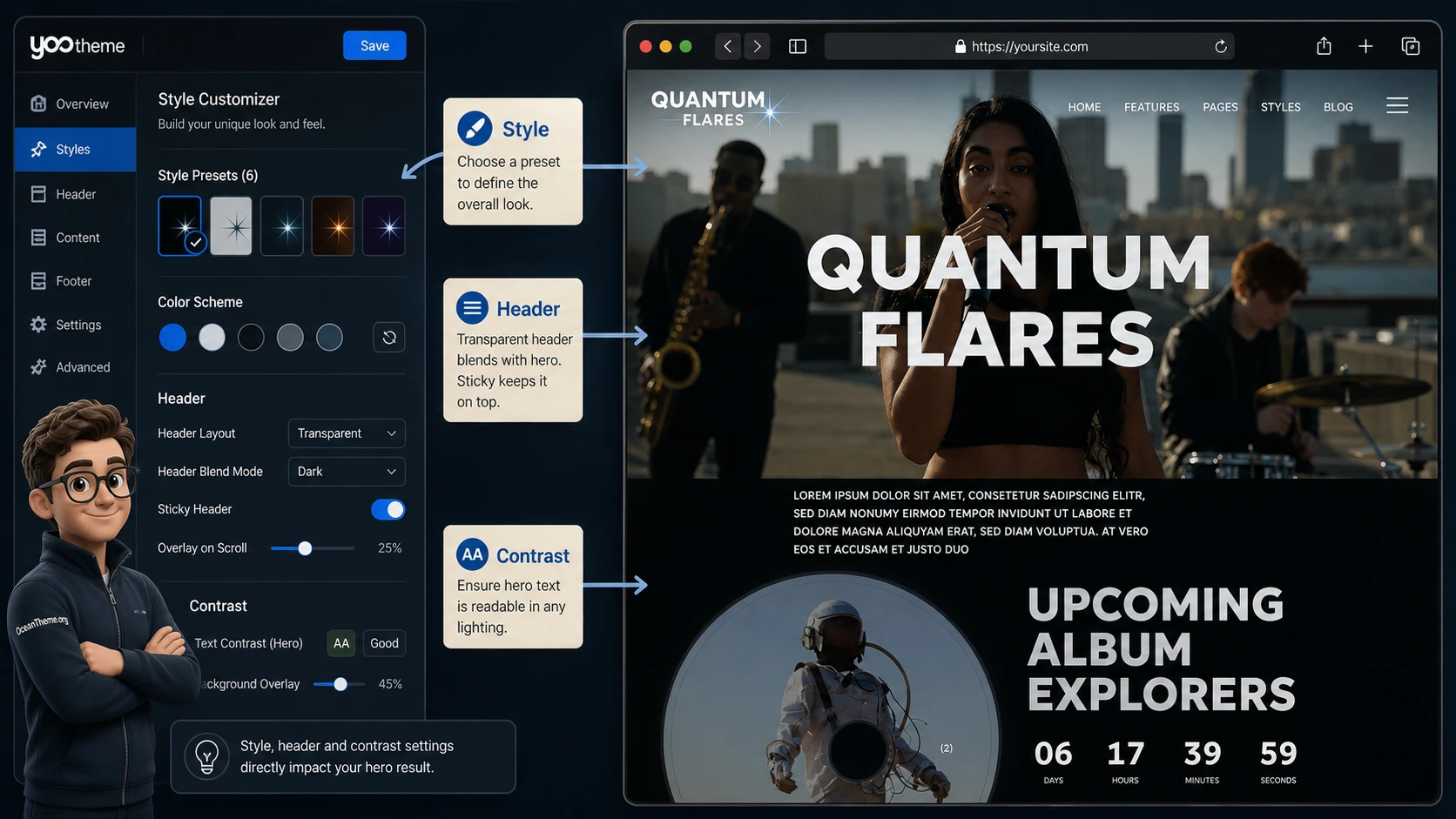 Connection between style settings and the final YOOtheme Quantum Flares result
