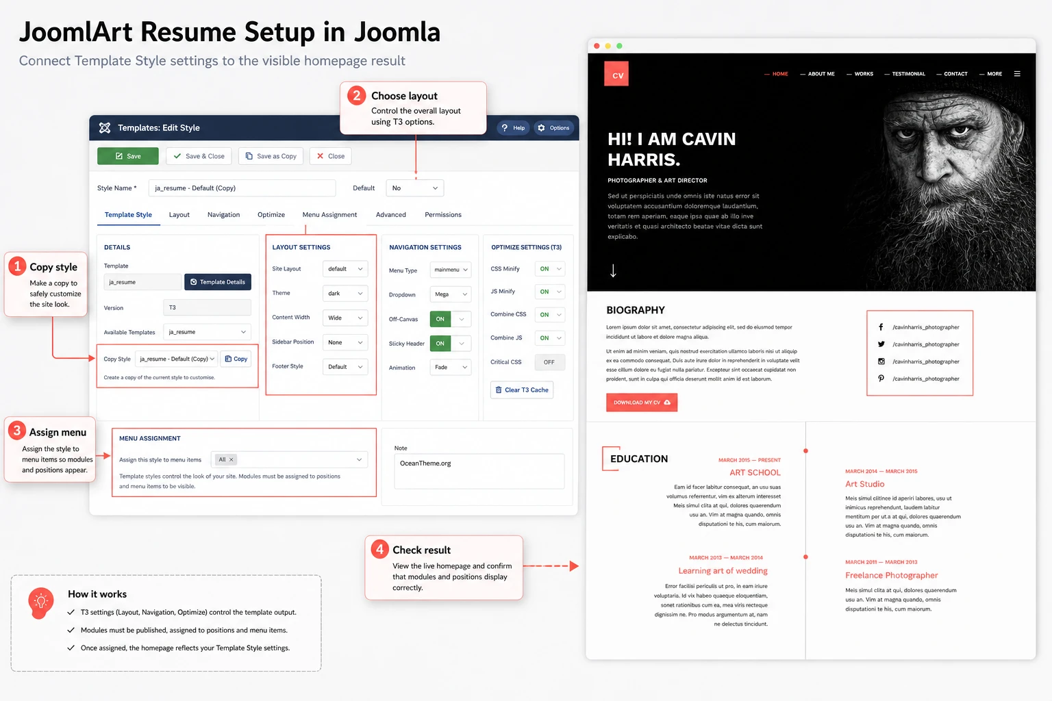 Map of T3 Framework and JoomlArt Resume template configuration after installation