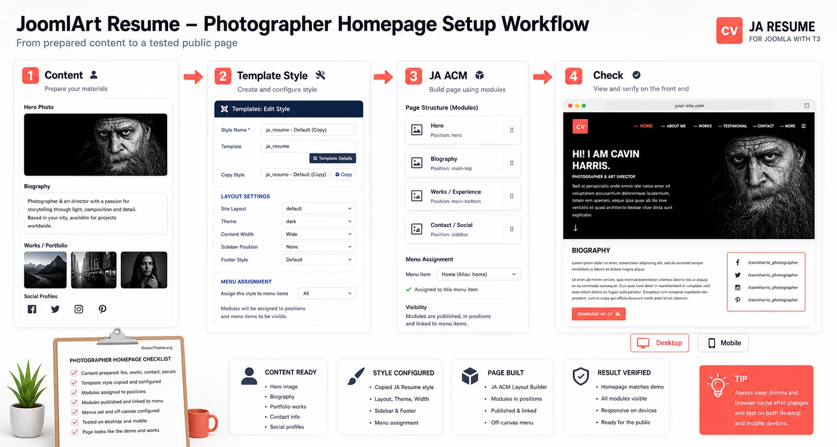Practical setup scenario for a photographer page in JA Resume