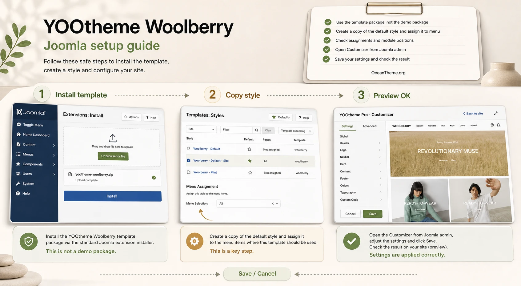 YOOtheme Woolberry installation map through Joomla template style and customizer