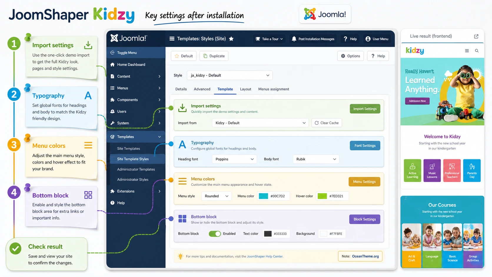 Map of Helix3 and JoomShaper Kidzy template settings after installation