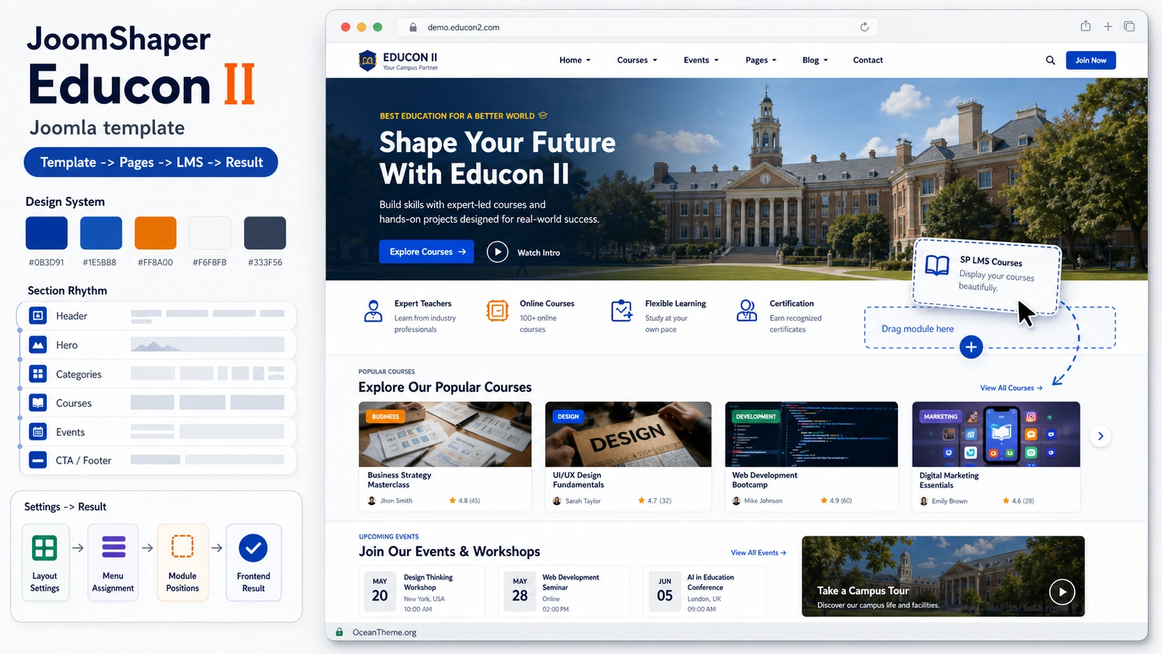 JoomShaper Educon II as a Joomla template for an education website with configuration options and the final result